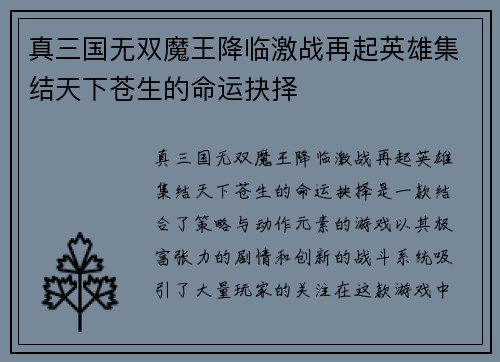 真三国无双魔王降临激战再起英雄集结天下苍生的命运抉择